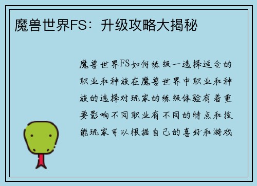 魔兽世界FS：升级攻略大揭秘